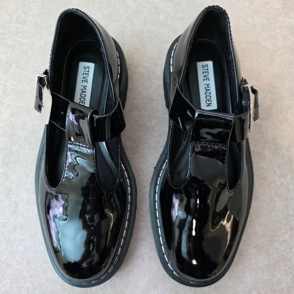 Steve Madden Suzey Patent T Strap Chunky Mary Janes Sz 7 Black Y2K Goth Grunge - Picture 3 of 13